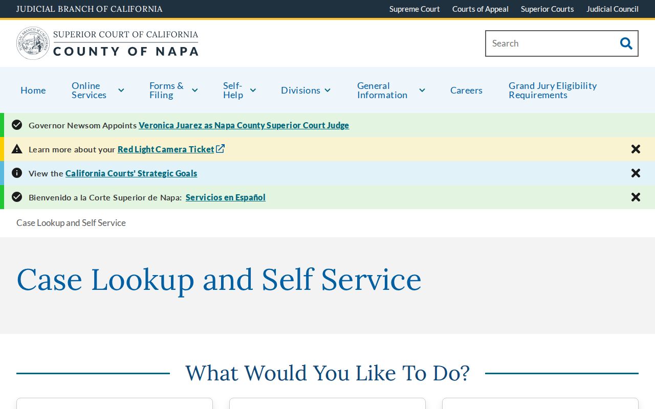 Napa resident lookup view of the Napa Superior Court case lookup landing page