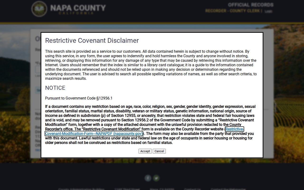 Napa street directory view of the Napa County Official Records index