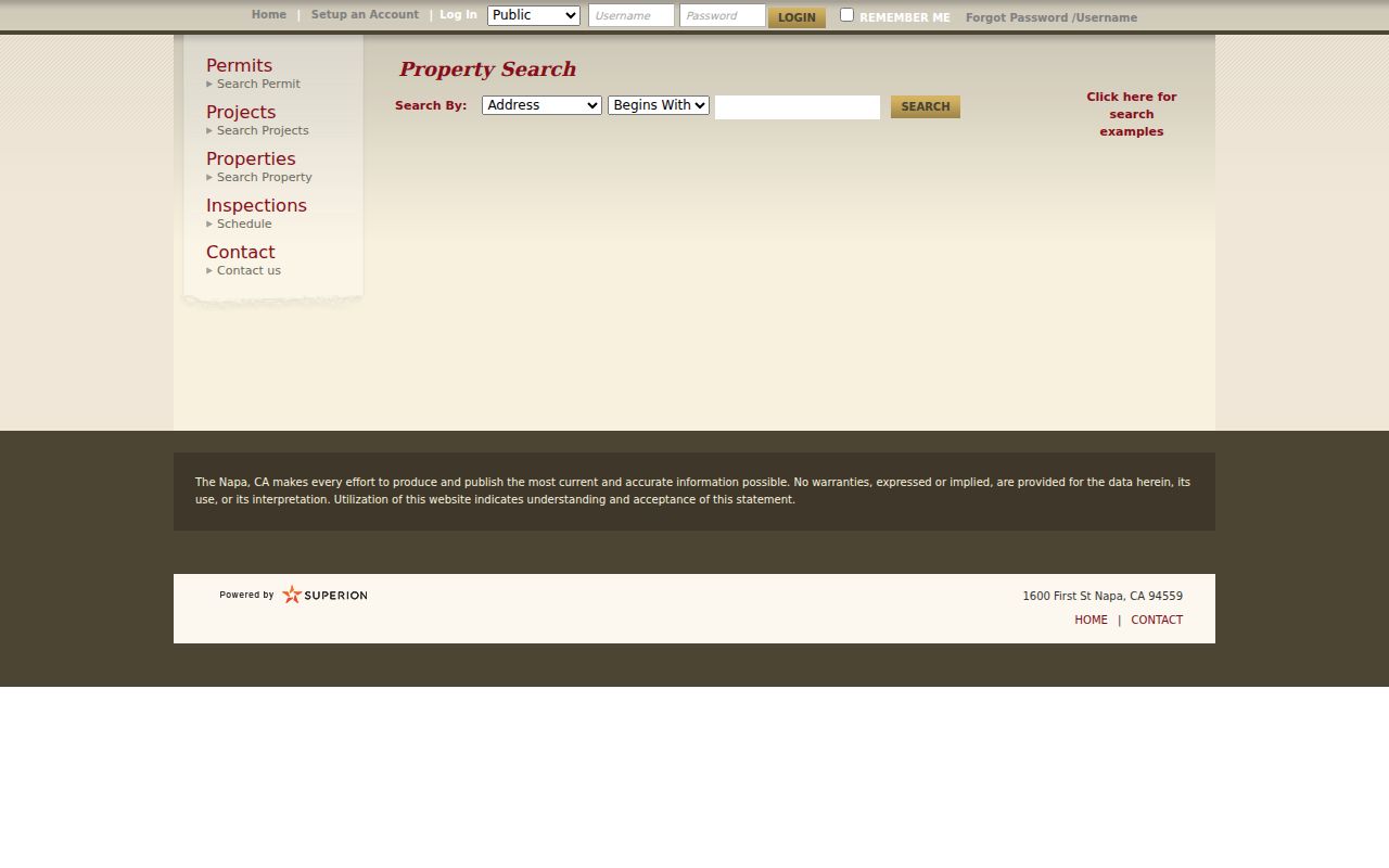 Napa street directory view of City of Napa eTRAKiT parcel search