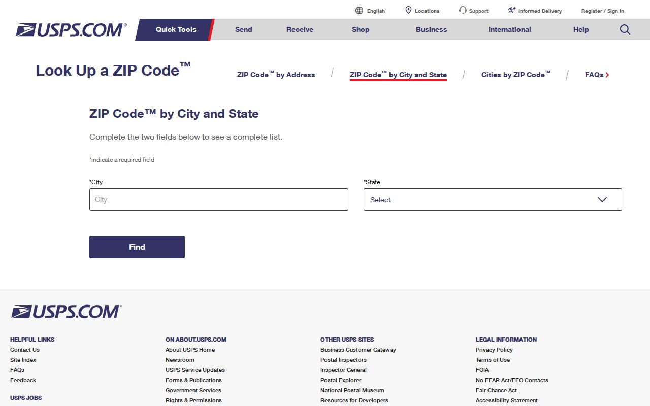 Napa ZIP code directory USPS city and state lookup screen