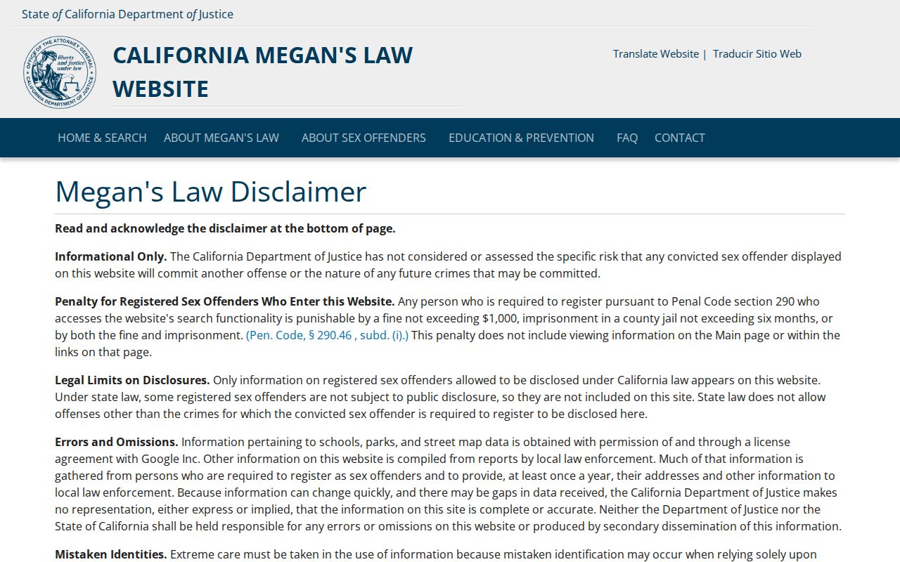 Napa resident lookup reference to the California Megan's Law search