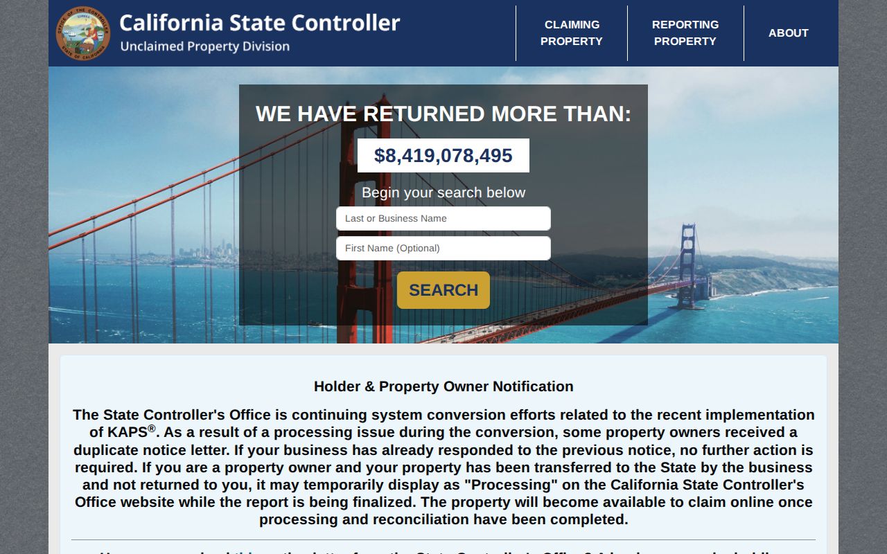 Napa resident lookup reference to the California State Controller unclaimed property search